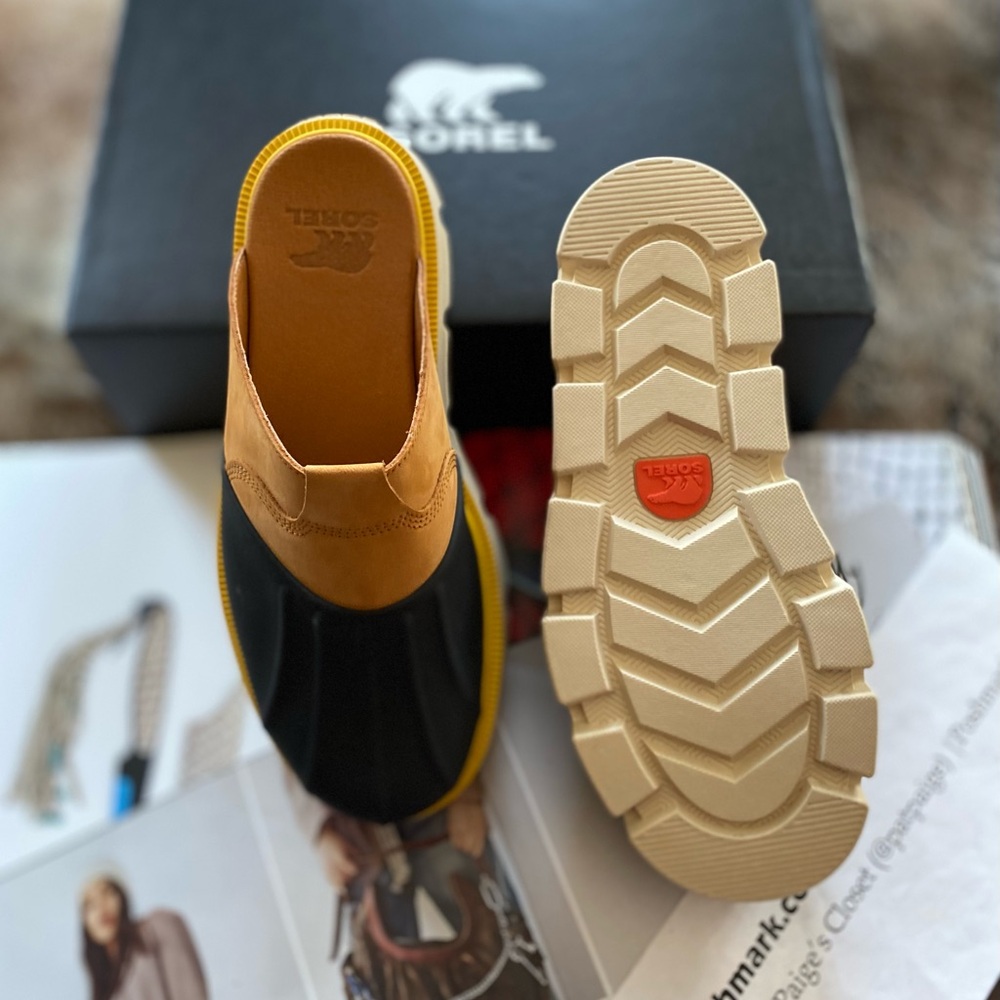 Sorel Two-Tone Black and Tan Mule Clogs with Yellow Trim - Picture 13 of 16